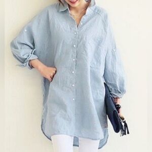 Tahari Blue & White Woven 100% Linen Collared Button Down Tunic Top Size L EUC